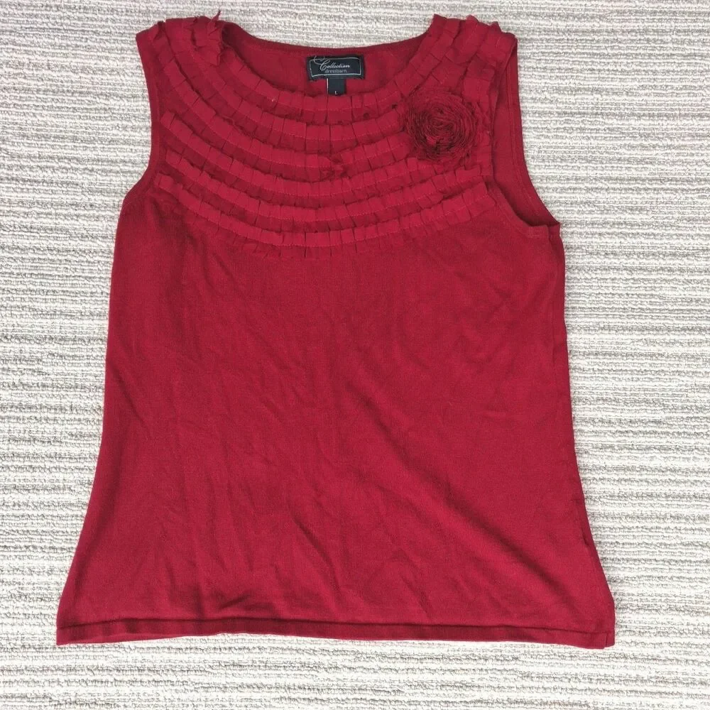 DRESSBARN COLLECTION RED SLEEVELESS ROSETTE RUFFLE SHELL TOP TANK BLOUSE L - Picture 1 of 9